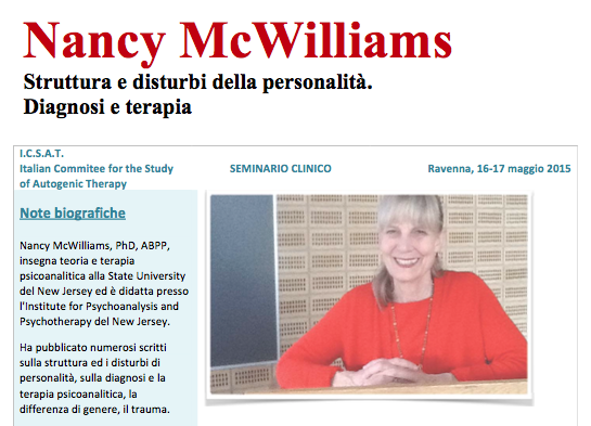 16/17 maggio 2015: “Nancy McWilliams Struttura e disturbi della personalità. Diagnosi e terapia”